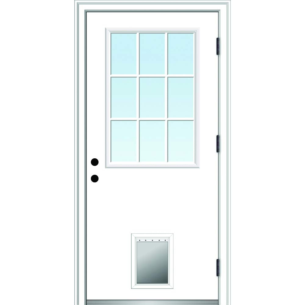 Primed Left Hand Outswing 9 Lite Prehung Front Door with Pet Door Y5967