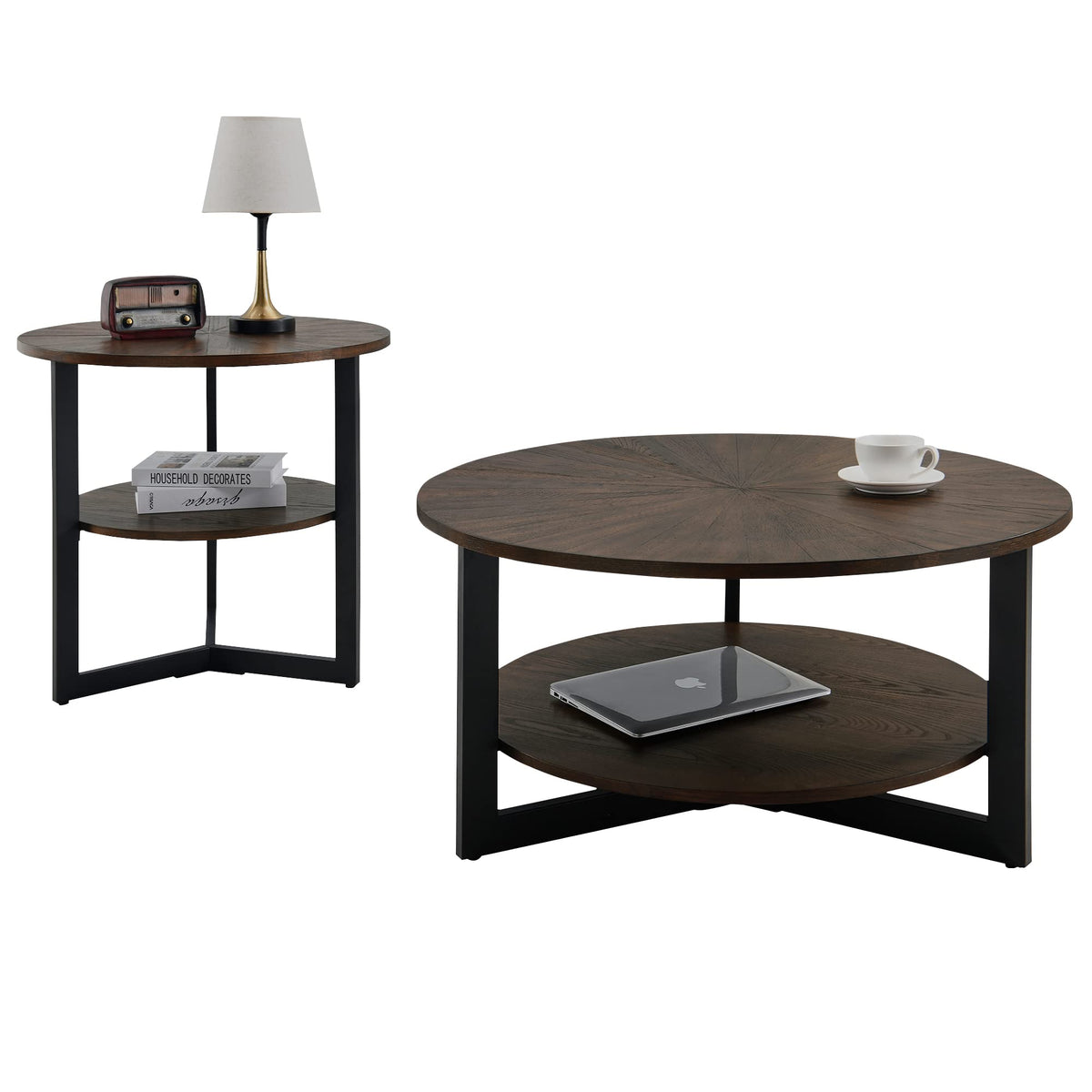 Round Coffee Table with Storage Shelf, Black Metal Legs, 35.3''D x 17.8''H L5082