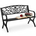 50 Inches Black Metal Outdoor Garden Bench with Floral Pattern Backrest B82398