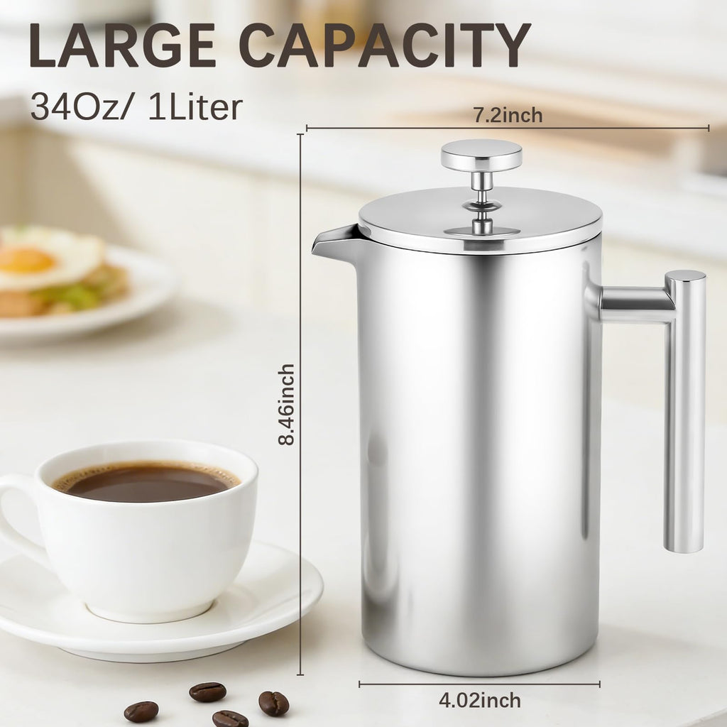 34OZ Stainless Steel French Press Coffee Maker with 2 Extra Filters S3253