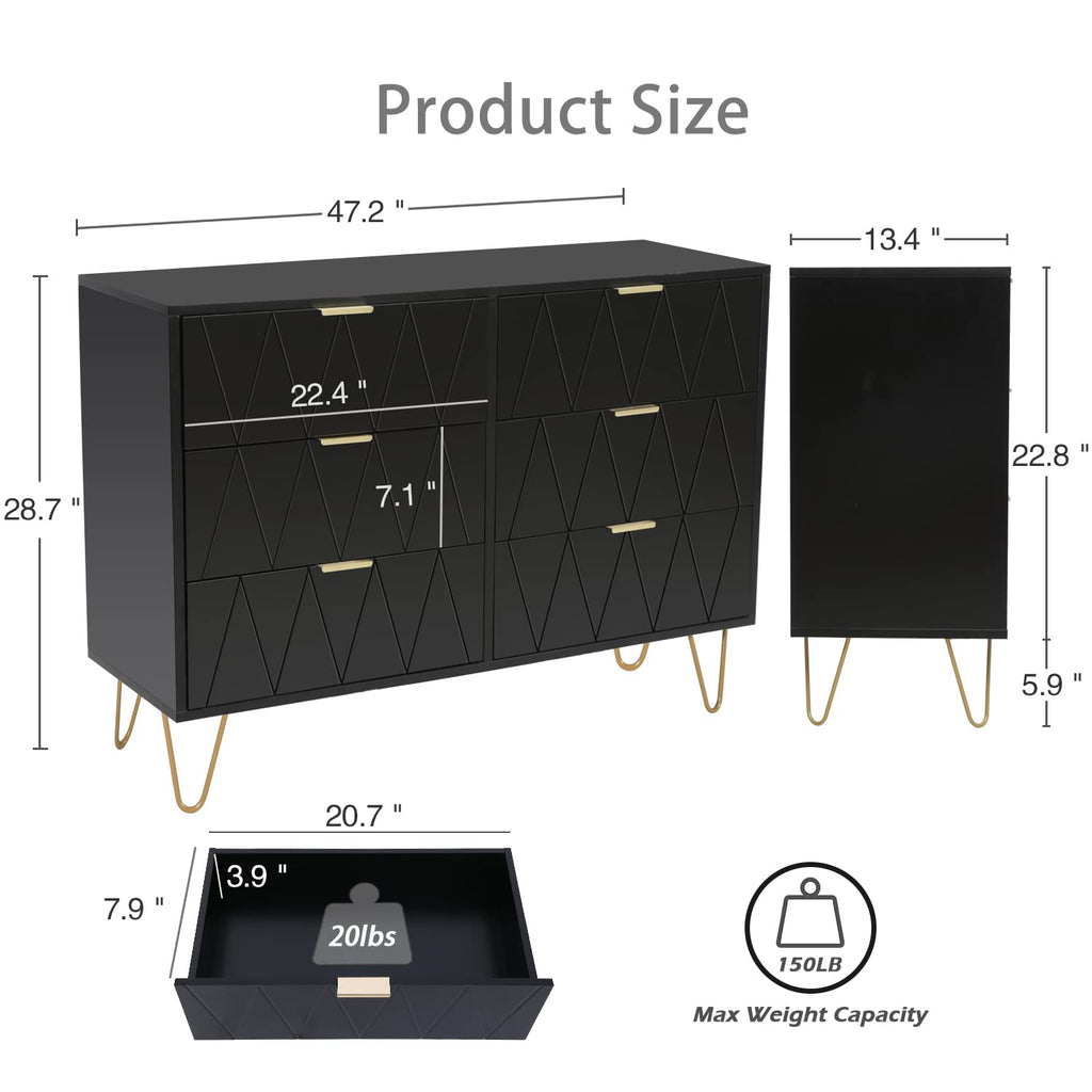 Black 6 Drawer Dresser and 2 Drawer Nightstand Set of 2 H372507