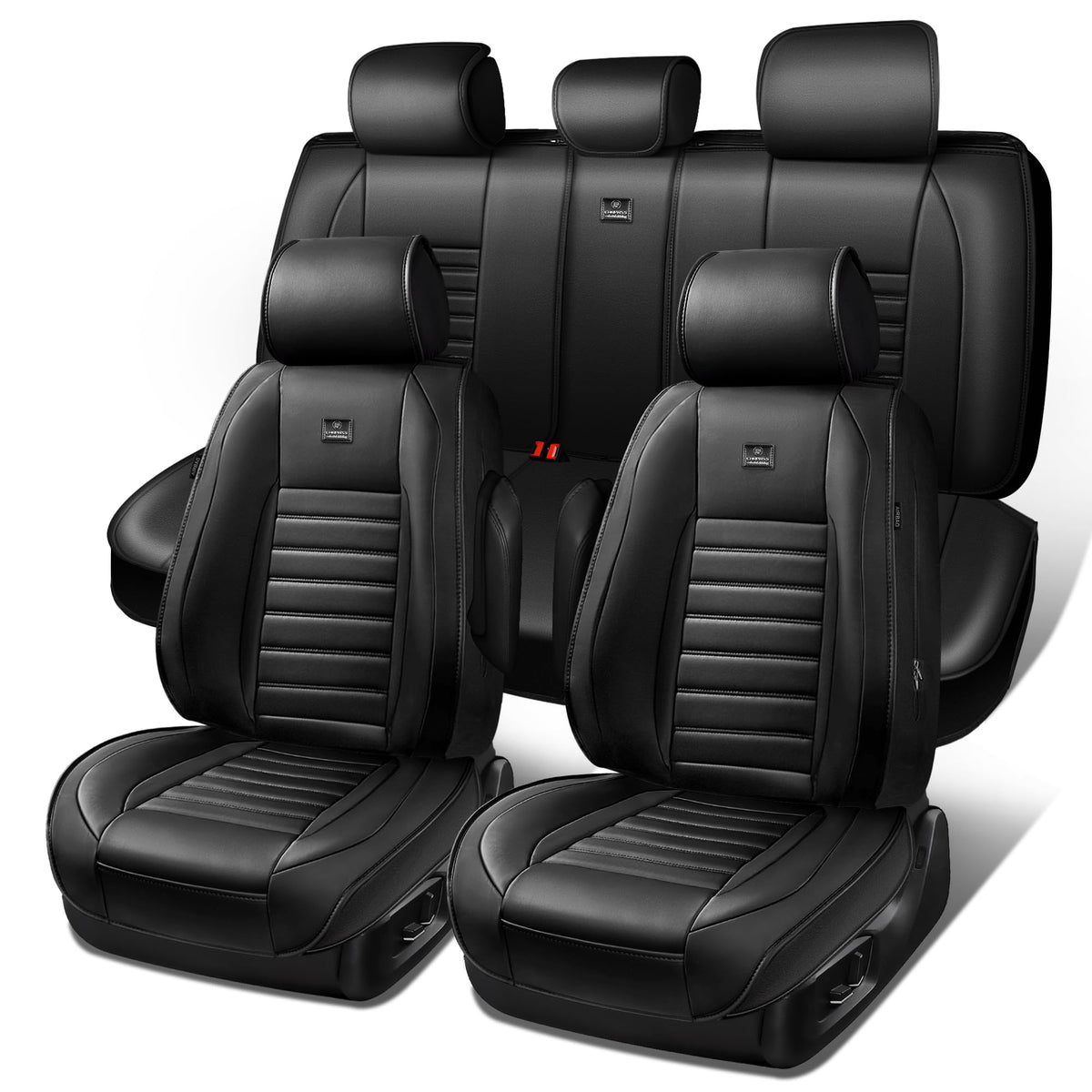 Nappa Leather Car Seat Covers Full Set, Waterproof Anti-Slip, Black O425