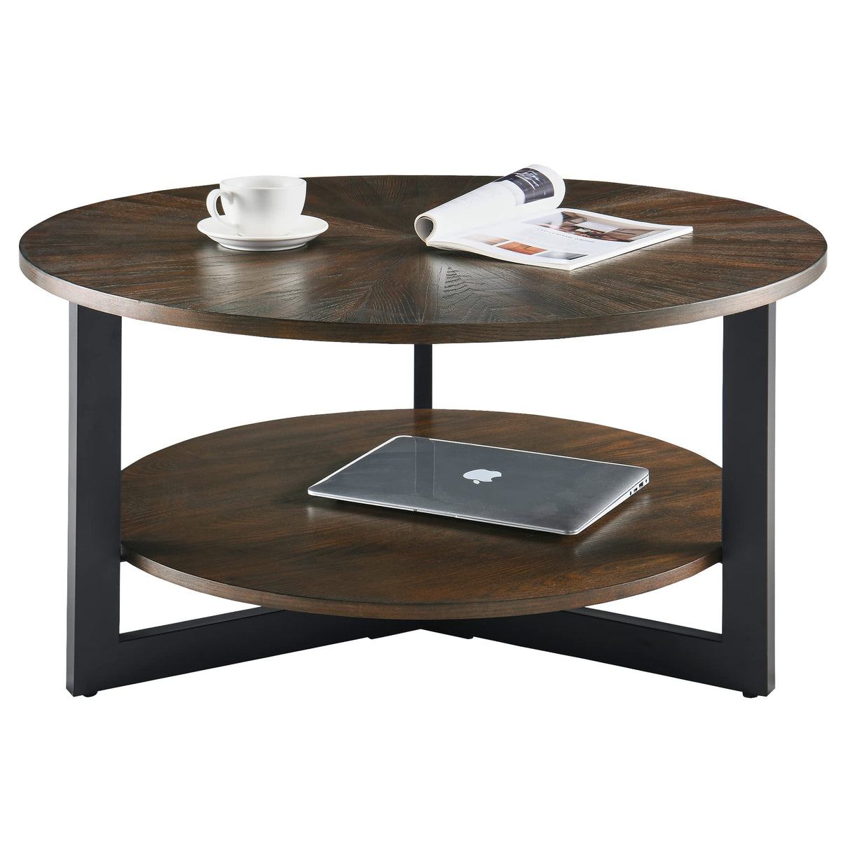 Round Coffee Table with Storage Shelf, Black Metal Legs, 35.3''D x 17.8''H L5082