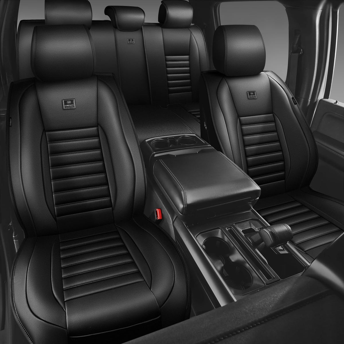 Nappa Leather Car Seat Covers Full Set, Waterproof Anti-Slip, Black O425