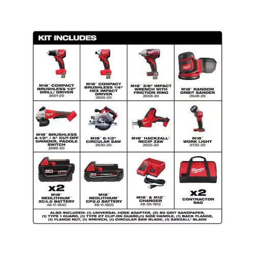 18V Cordless Power Tool Combo Kit, 8-Tool Set, 3 Batteries C145
