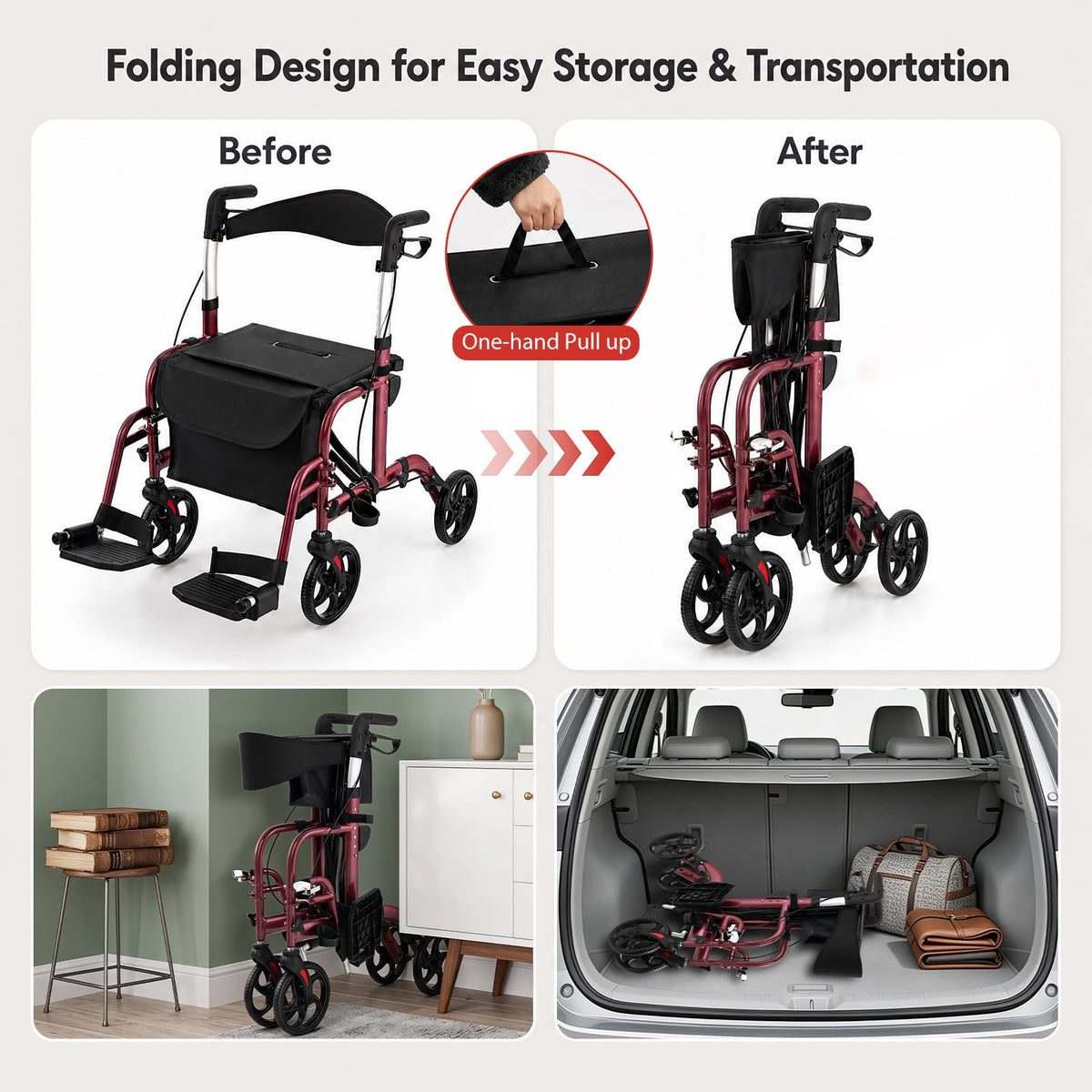 Foldable Rollator Walker 4 Wheel Transport Chair I6345