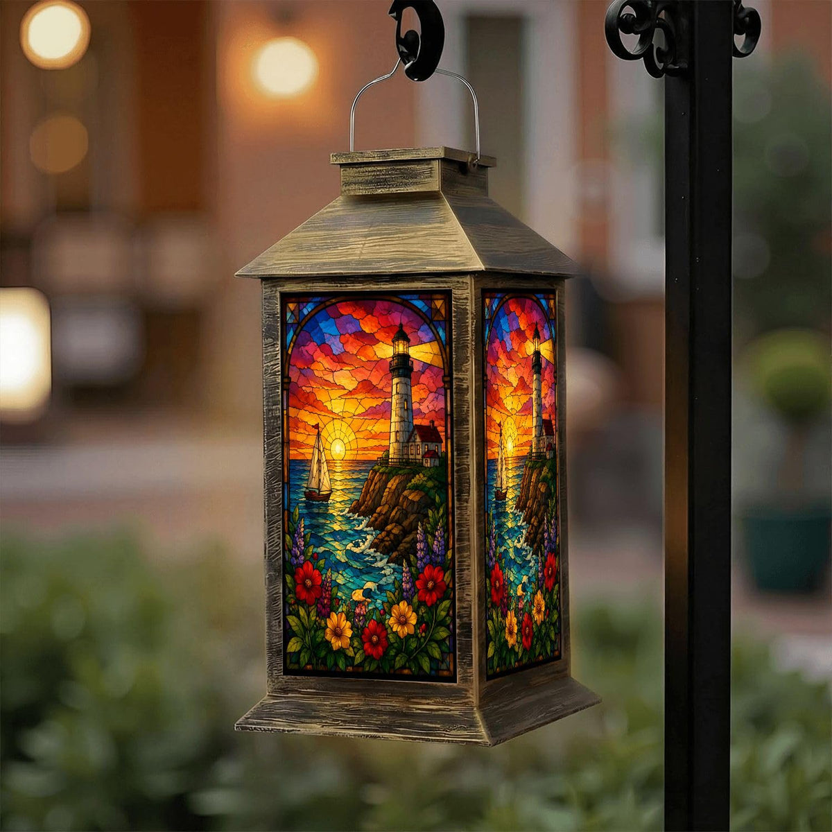 Solar Lantern Outdoor Waterproof Stained Glass Effect LED Hanging Tabletop Lamp J790