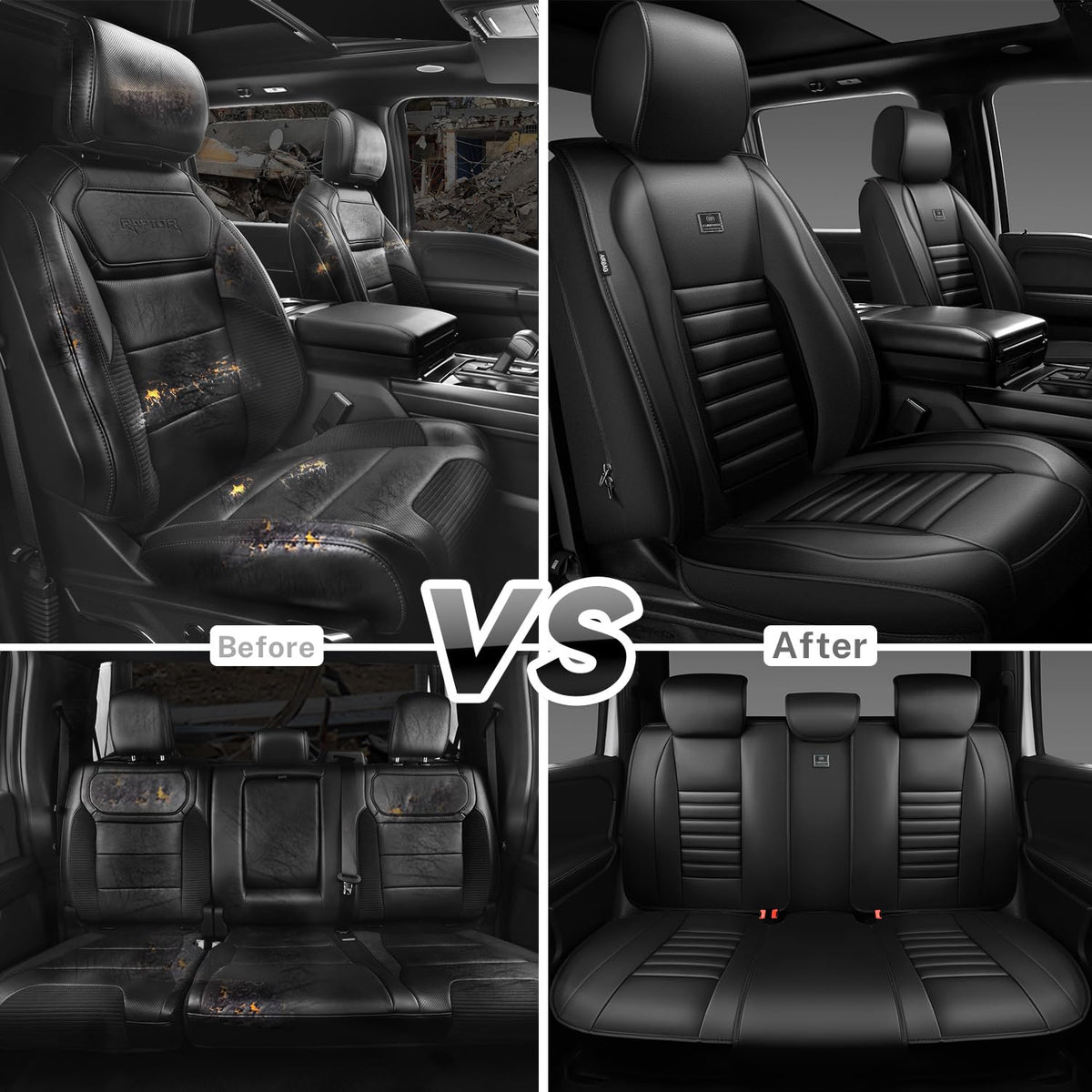 Nappa Leather Car Seat Covers Full Set, Waterproof Anti-Slip, Black O425