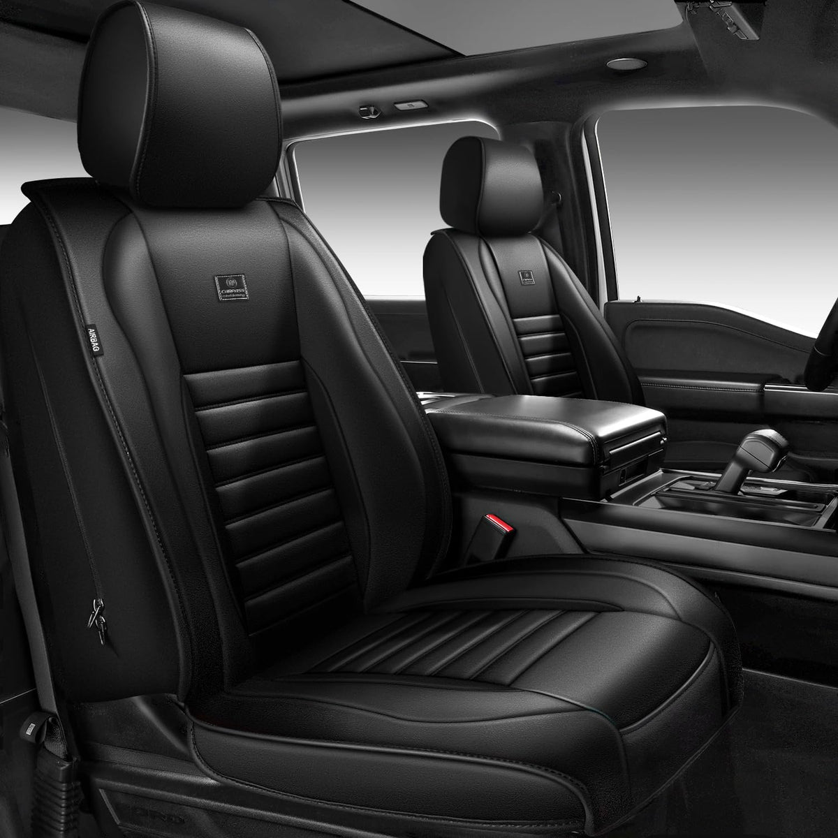 Nappa Leather Car Seat Covers Full Set, Waterproof Anti-Slip, Black O425