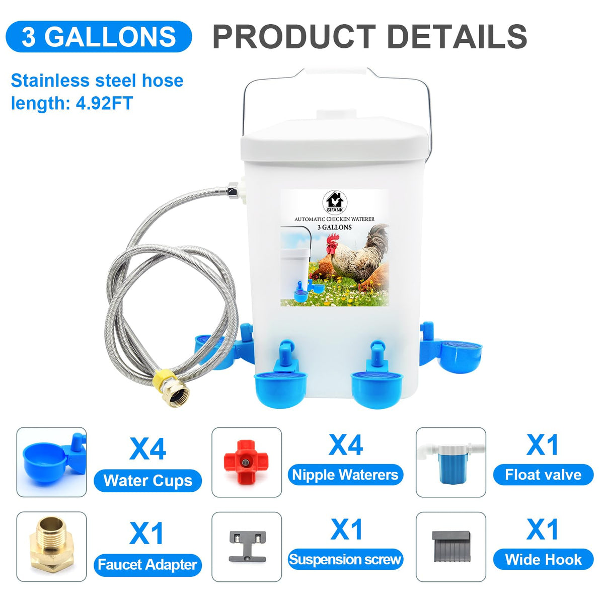 3 Gallons Automatic Poultry Waterer with Hose Attachment R885