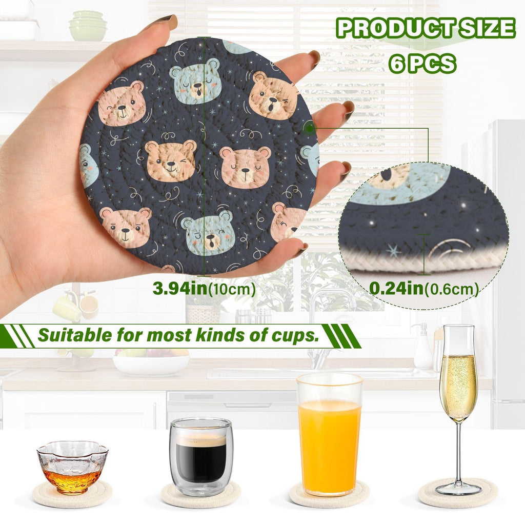 Black Stars Print Drink Coasters with Holder, Set of 6 H186674