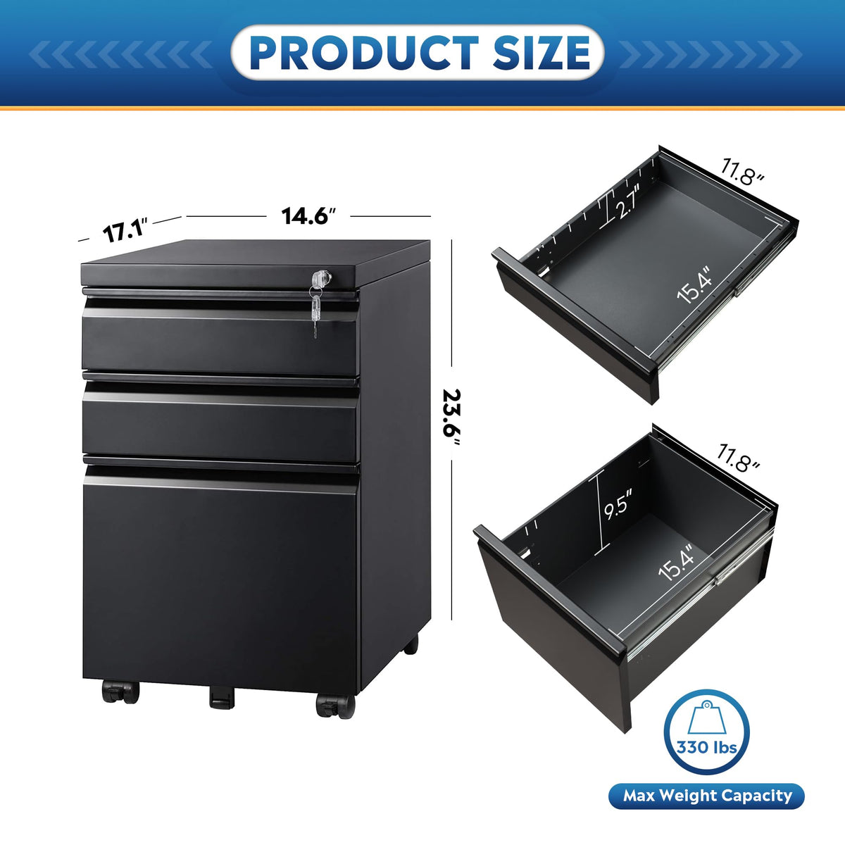 3 Drawer Mobile File Cabinet with Lock, Black R556