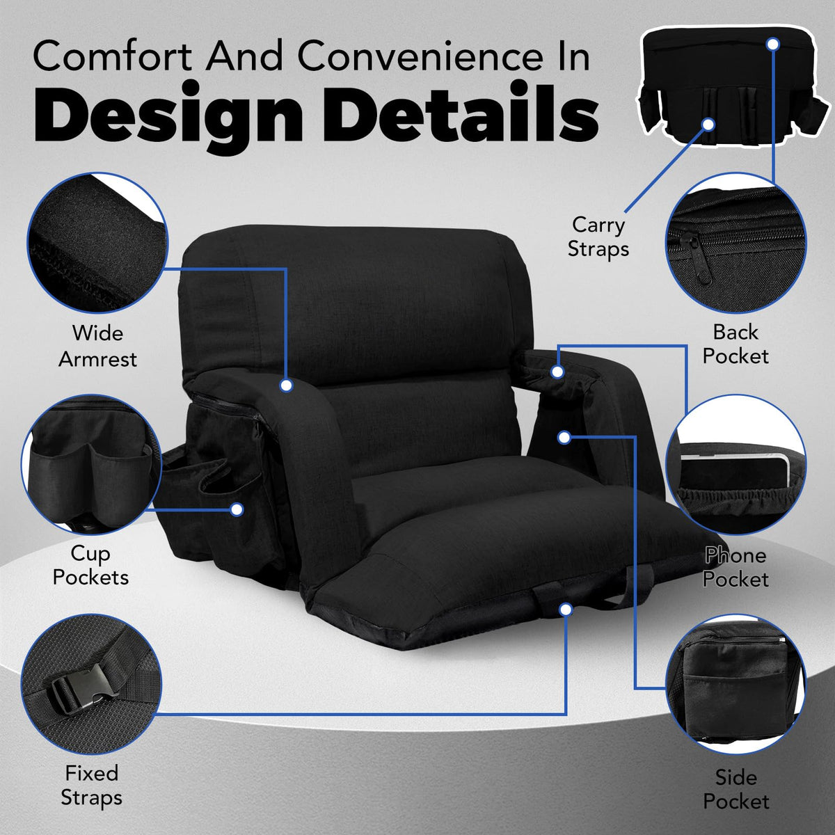 Extra Wide Stadium Seats With Back Support 2 Pack, 6 Reclining Positions, Black, 25" Y19509