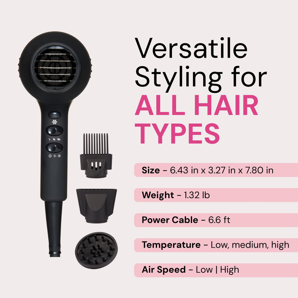 1875 Watt Ionic Hair Dryer with Diffuser & Concentrator, Black D5663