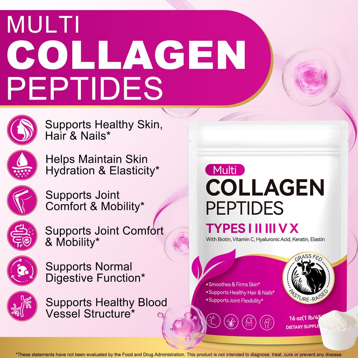 Multi Collagen Peptides Powder Types I II III V X Grass Fed Hydrolyzed L5543
