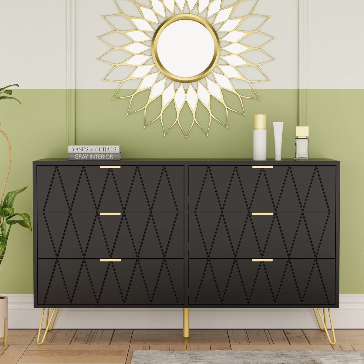 Black 6 Drawer Dresser and 2 Drawer Nightstand Set of 2 H372507