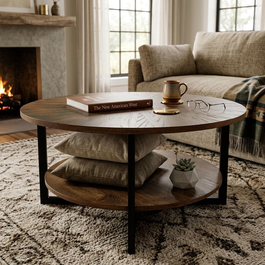 Round Coffee Table with Storage Shelf, Black Metal Legs, 35.3''D x 17.8''H L5082