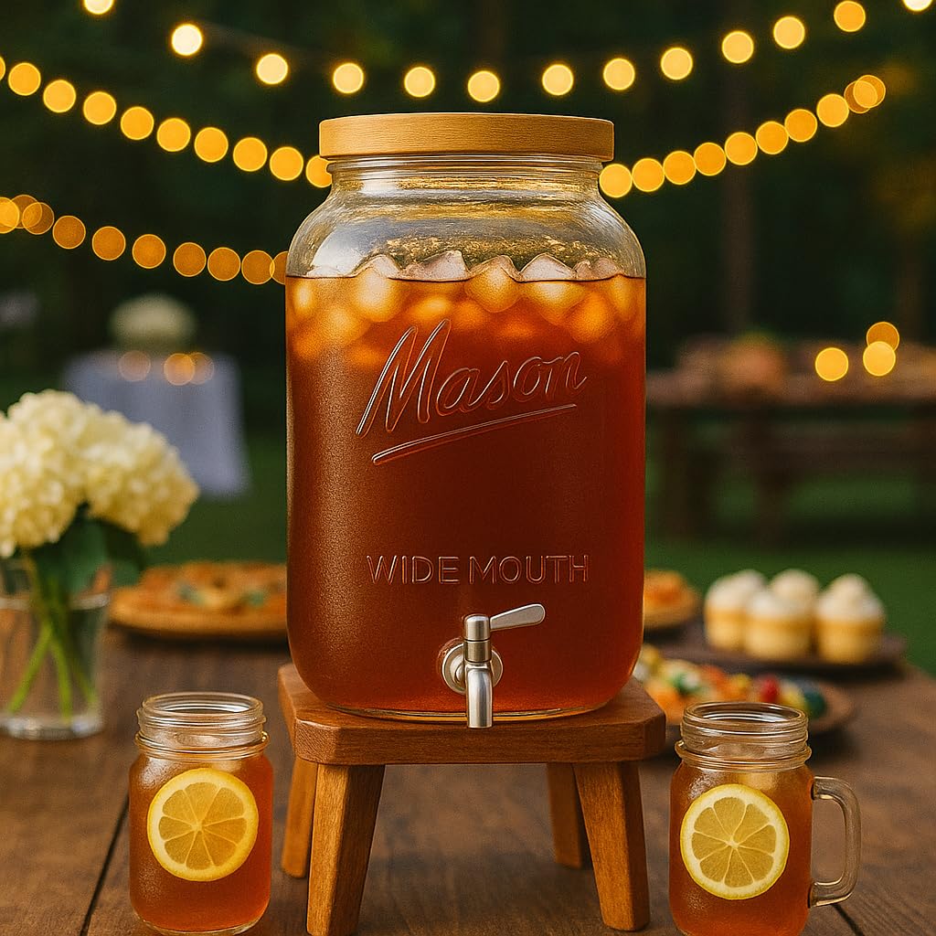 2 Gallon Glass Beverage Dispenser with Wooden Lid O252