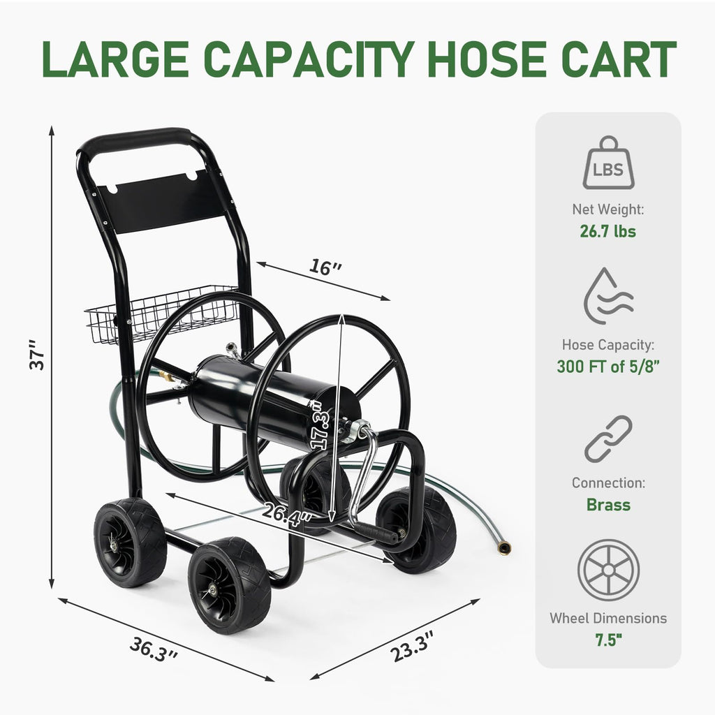 4-Wheel Portable Garden Hose Reel Cart with Storage Basket W509