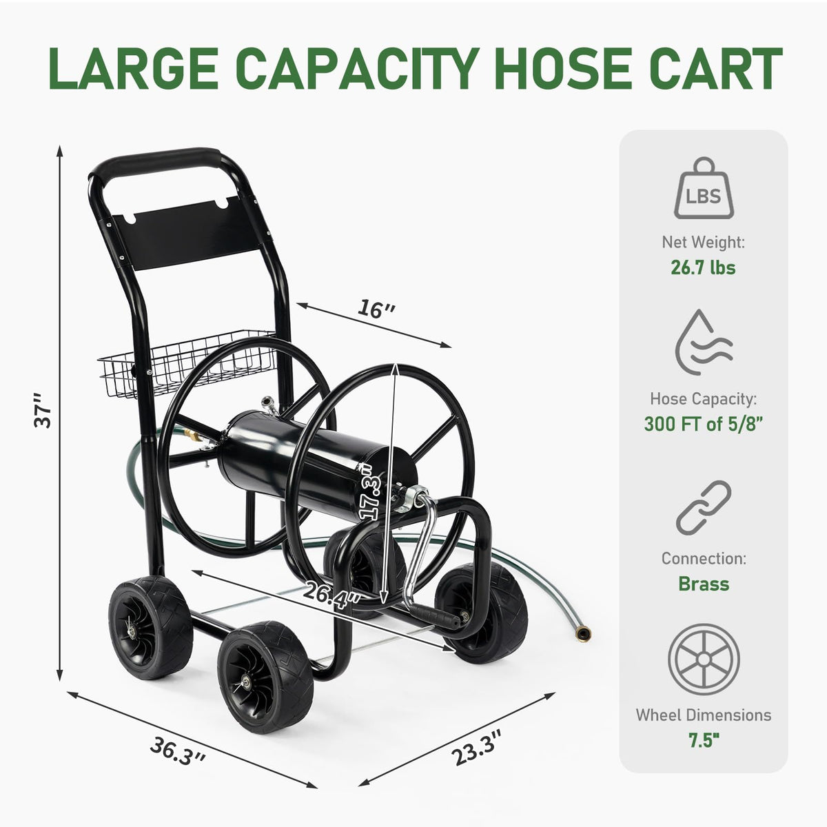 4-Wheel Portable Garden Hose Reel Cart with Storage Basket W509