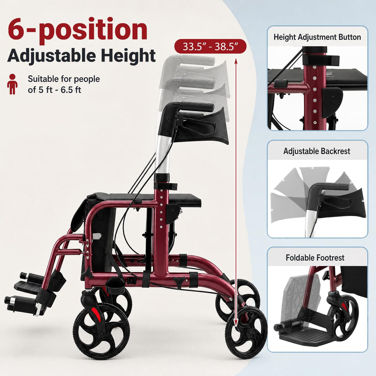 Foldable Rollator Walker 4 Wheel Transport Chair I6345