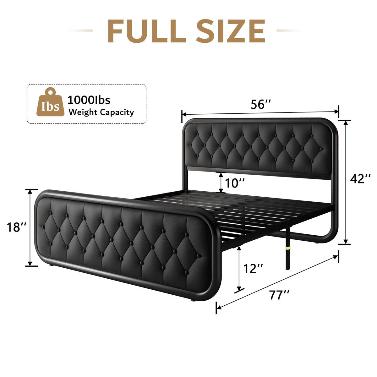 Full Size Black Metal Platform Bed Frame with Leather Headboard Q989