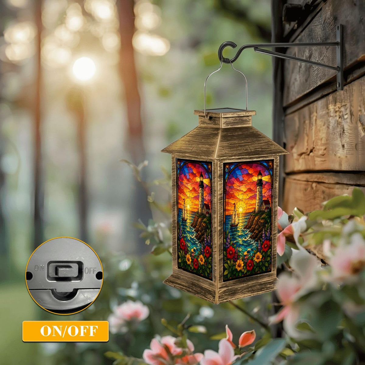 Solar Lantern Outdoor Waterproof Stained Glass Effect LED Hanging Tabletop Lamp J790