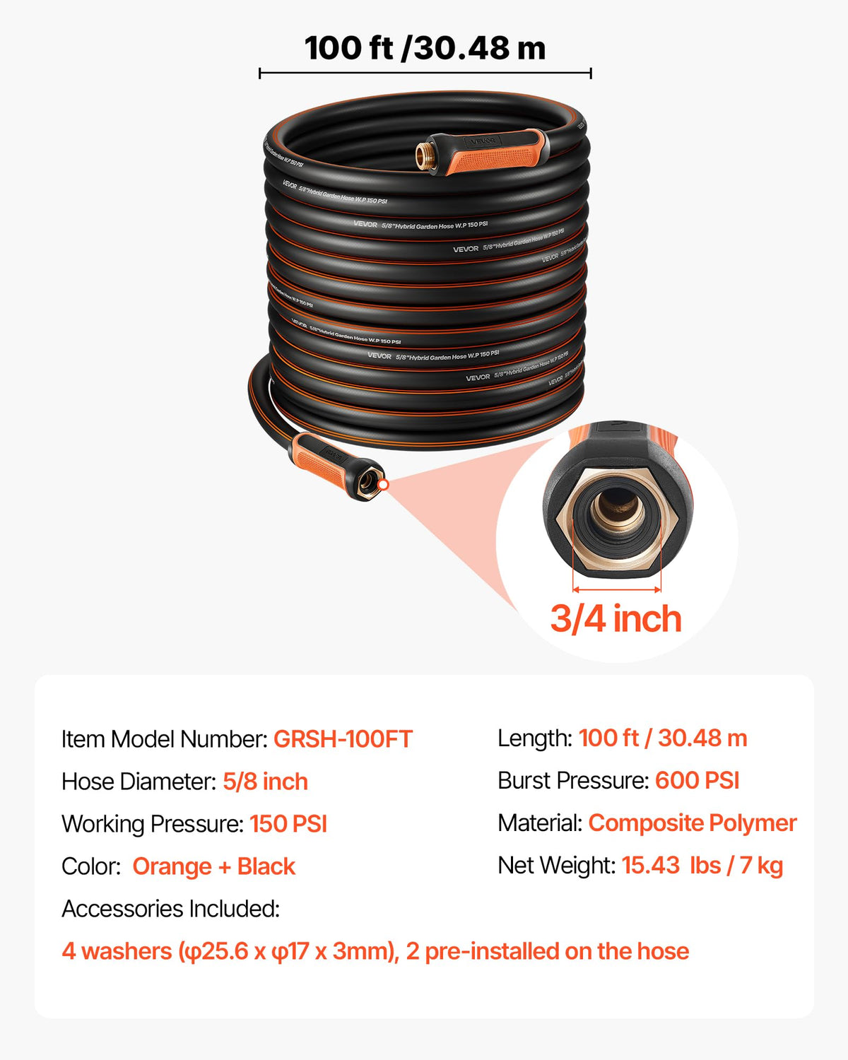 100 ft 5/8" Heavy Duty 4-Layer Rubber Garden Hose G8251