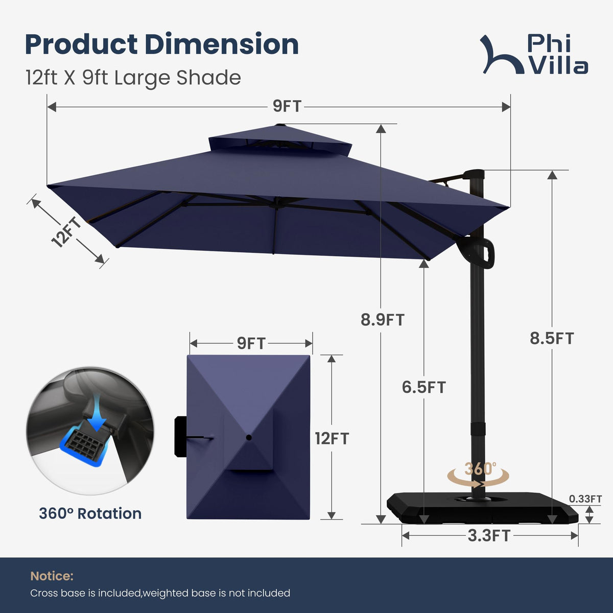 9'x12' Navy Cantilever Patio Umbrella with Base V547677