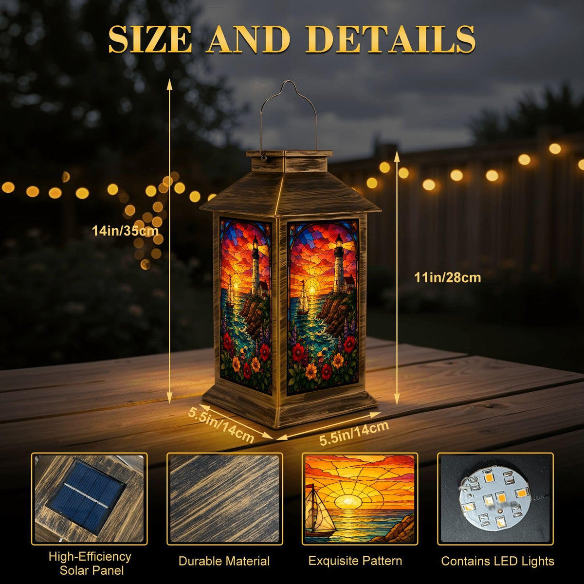 Solar Lantern Outdoor Waterproof Stained Glass Effect LED Hanging Tabletop Lamp J790