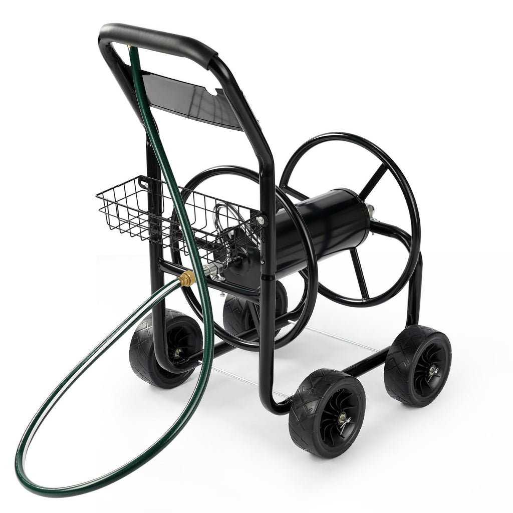 4-Wheel Portable Garden Hose Reel Cart with Storage Basket W509