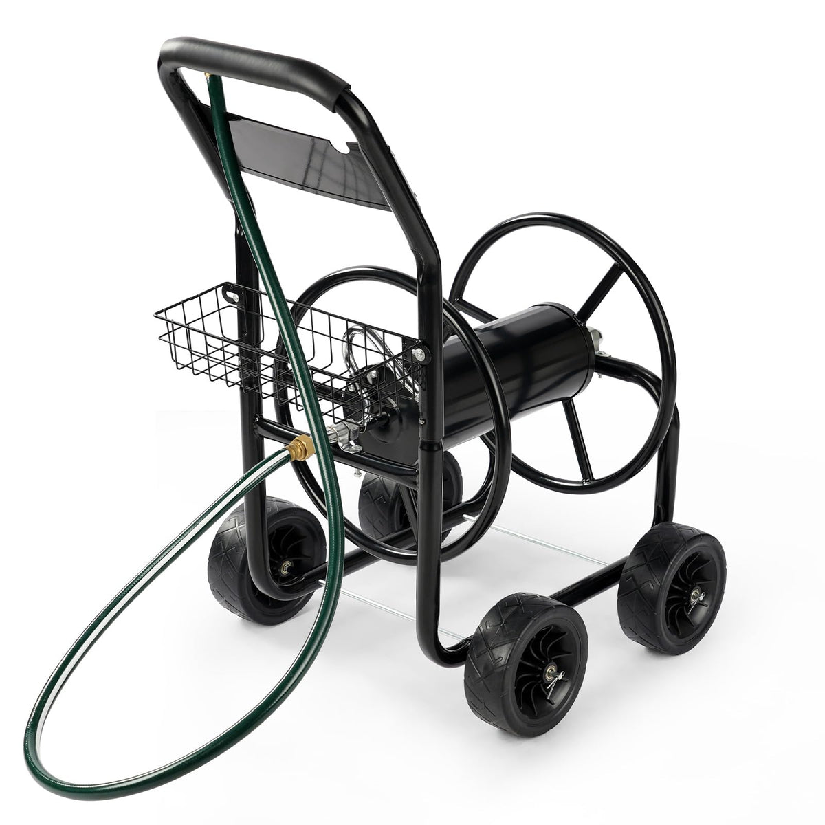 4-Wheel Portable Garden Hose Reel Cart with Storage Basket W509
