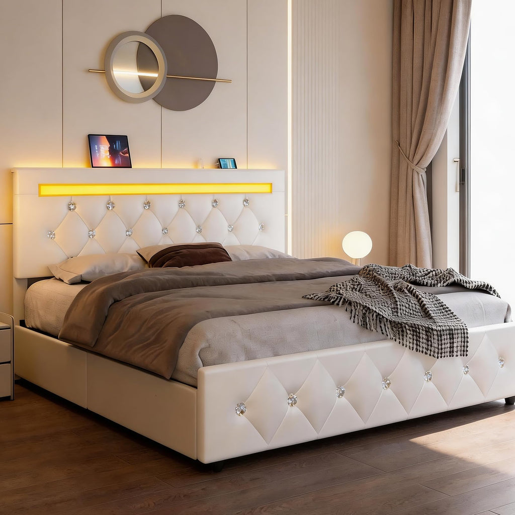 White Full Size Storage Bed with 4 Drawers and Adjustable Headboard O92679