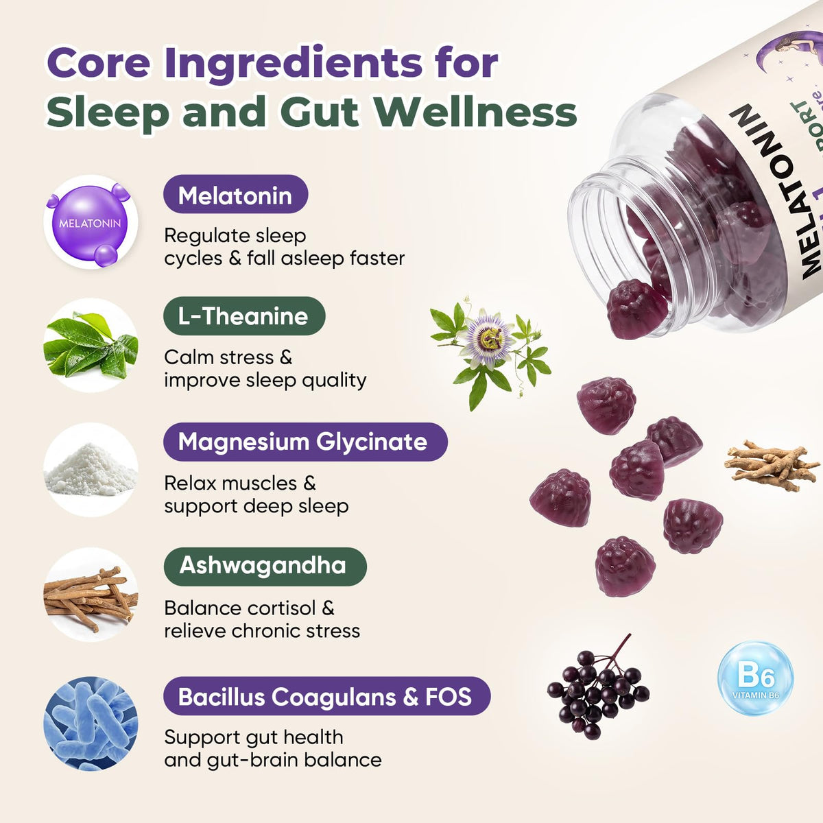 Melatonin Calm Sleep Gummies 2mg Elderberry Flavor 60*2 Bottles J873