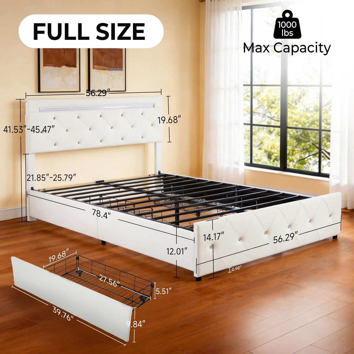 White Full Size Storage Bed with 4 Drawers and Adjustable Headboard O92679