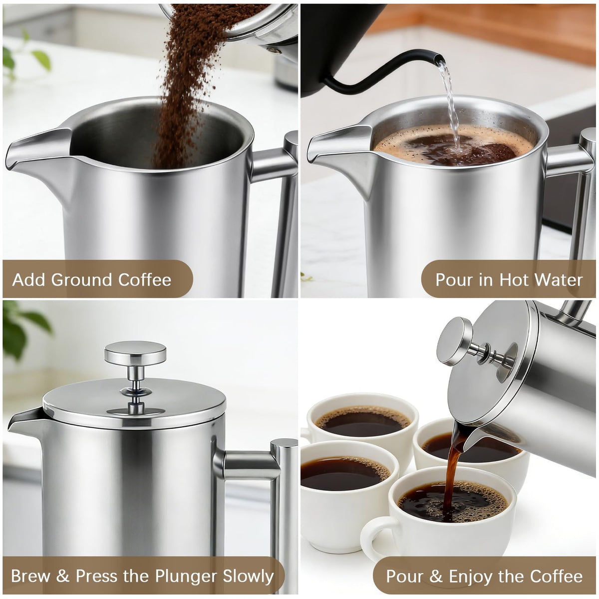 34OZ Stainless Steel French Press Coffee Maker with 2 Extra Filters S3253