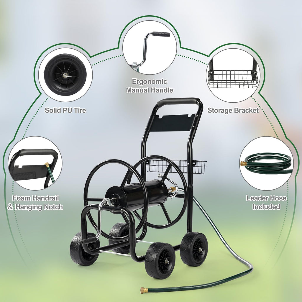 4-Wheel Portable Garden Hose Reel Cart with Storage Basket W509