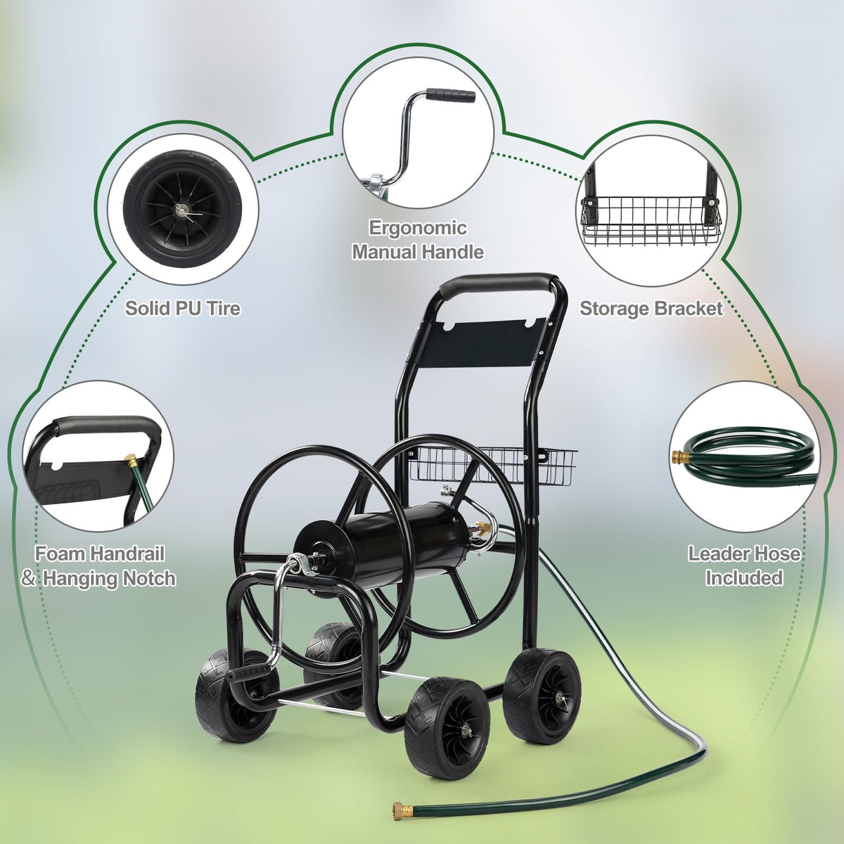 4-Wheel Portable Garden Hose Reel Cart with Storage Basket W509