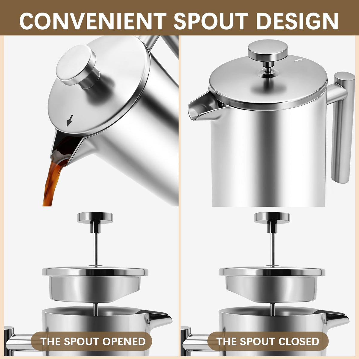 34OZ Stainless Steel French Press Coffee Maker with 2 Extra Filters S3253