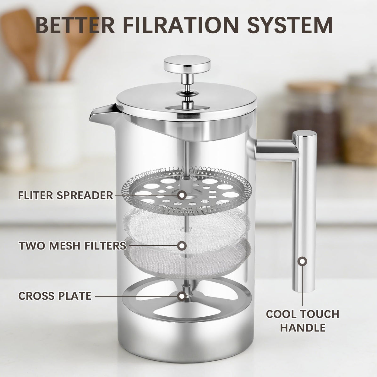 34OZ Stainless Steel French Press Coffee Maker with 2 Extra Filters S3253