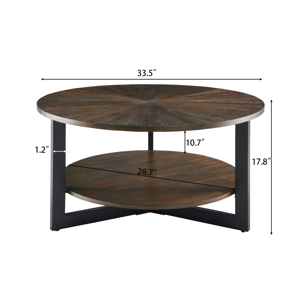 Round Coffee Table with Storage Shelf, Black Metal Legs, 35.3''D x 17.8''H L5082