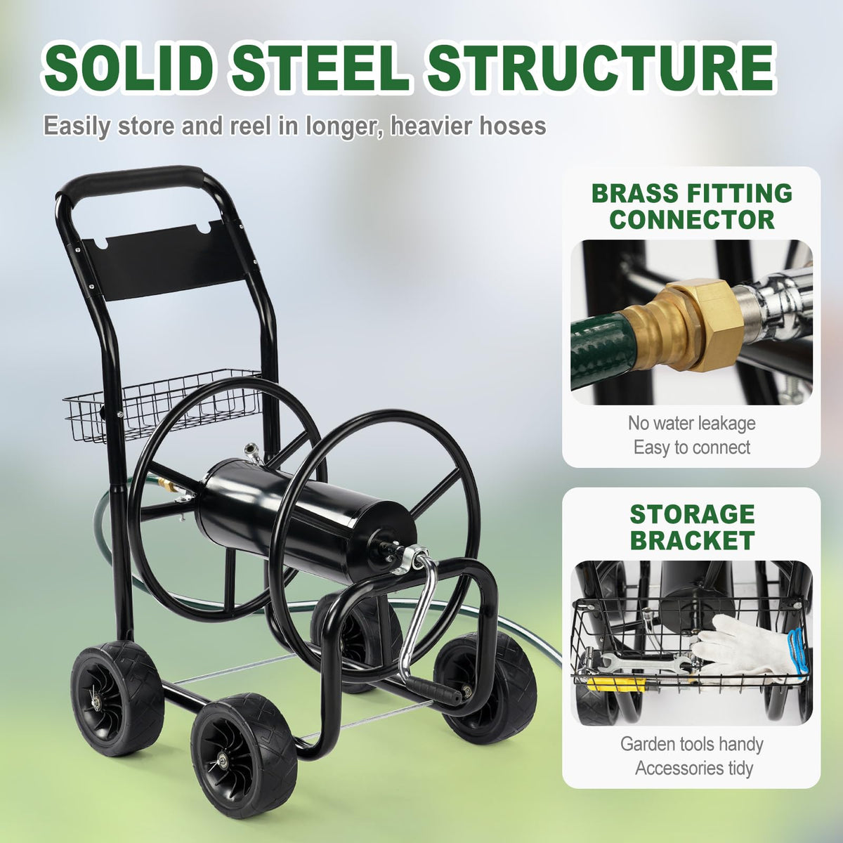 4-Wheel Portable Garden Hose Reel Cart with Storage Basket W509