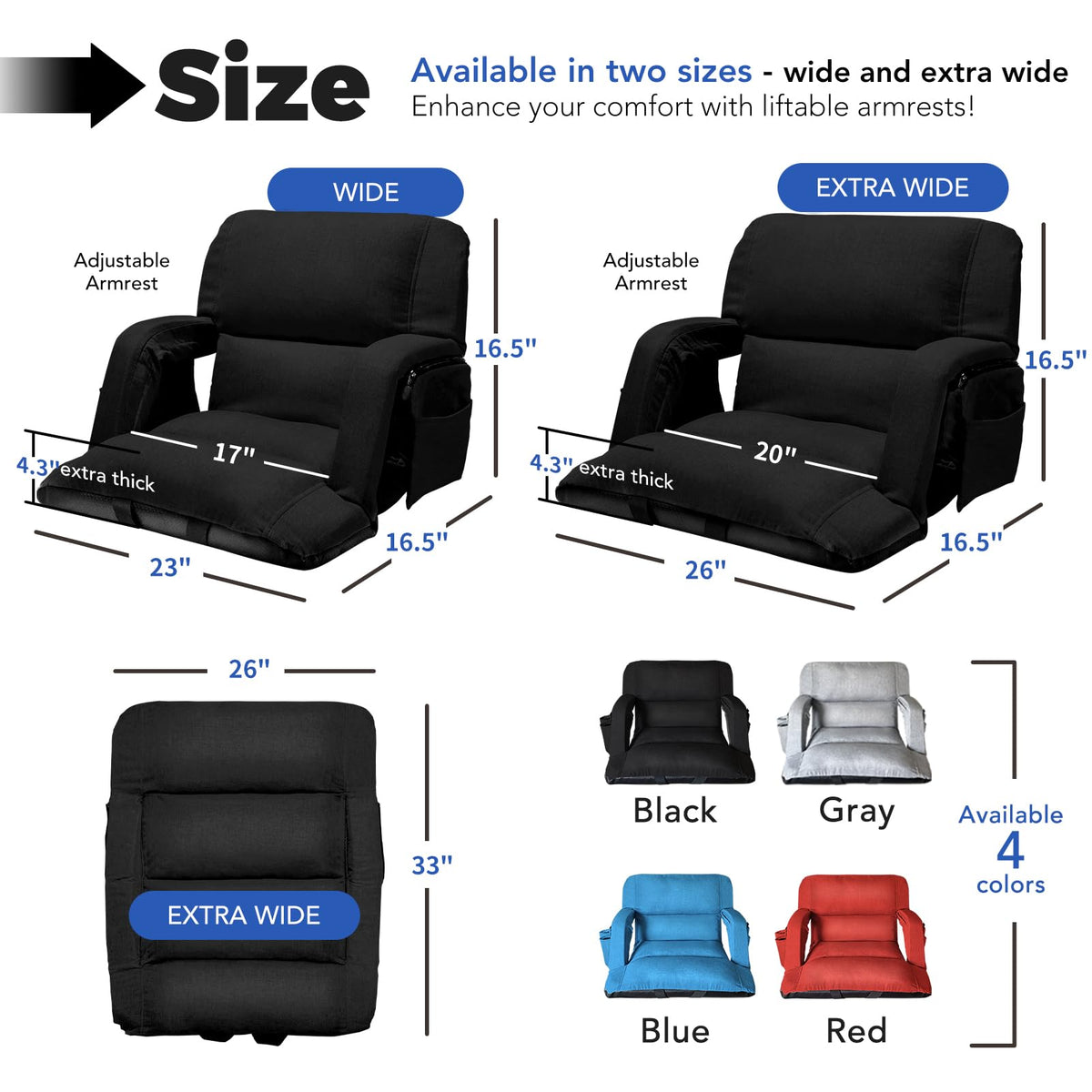 Extra Wide Stadium Seats With Back Support 2 Pack, 6 Reclining Positions, Black, 25" Y19509