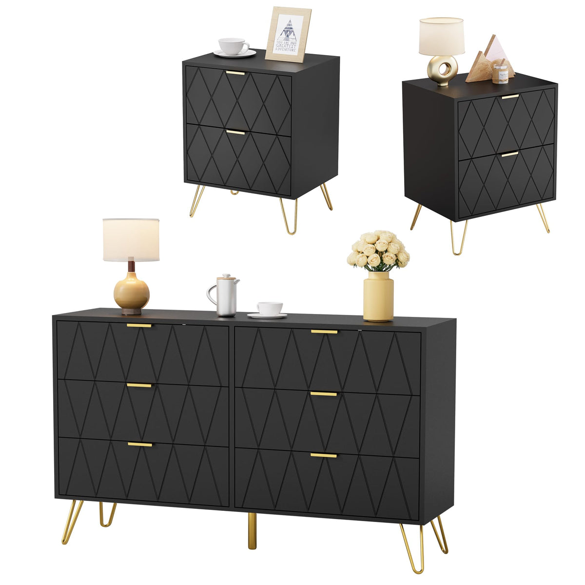 Black 6 Drawer Dresser and 2 Drawer Nightstand Set of 2 H372507