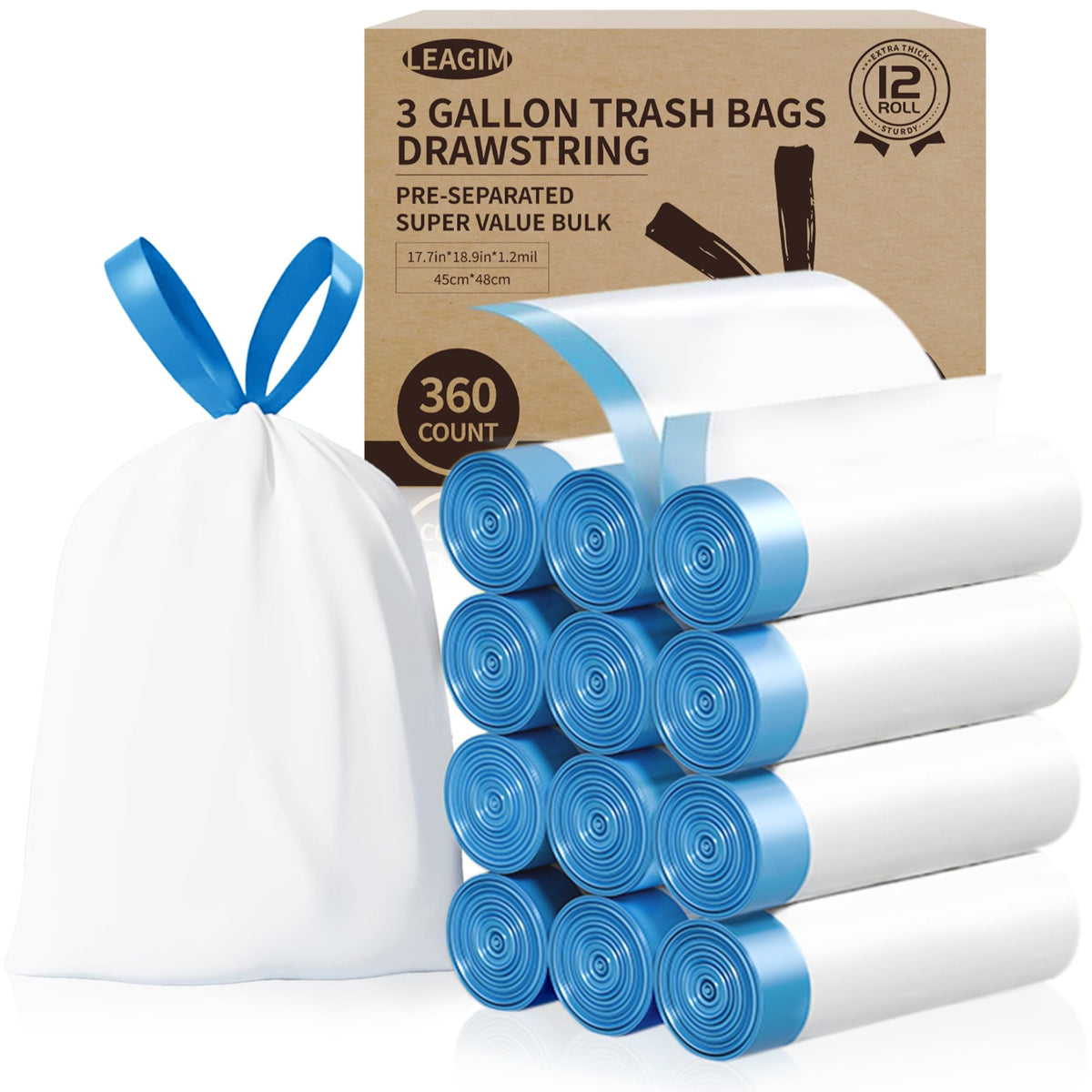 3 Gallon 360 Count 1.2 Mil Drawstring White Plastic Trash Bags I281064