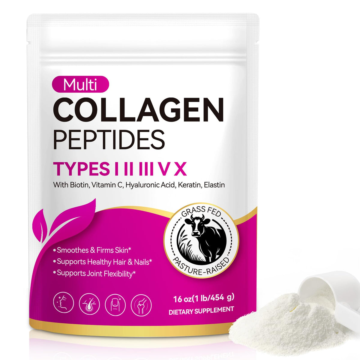 Multi Collagen Peptides Powder Types I II III V X Grass Fed Hydrolyzed L5543