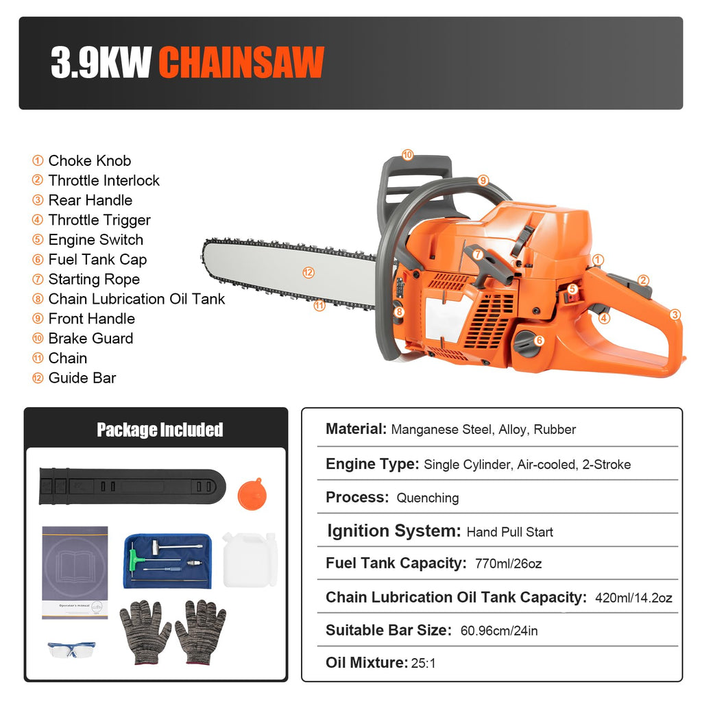 24" 72CC Gas Powered Chainsaw M520