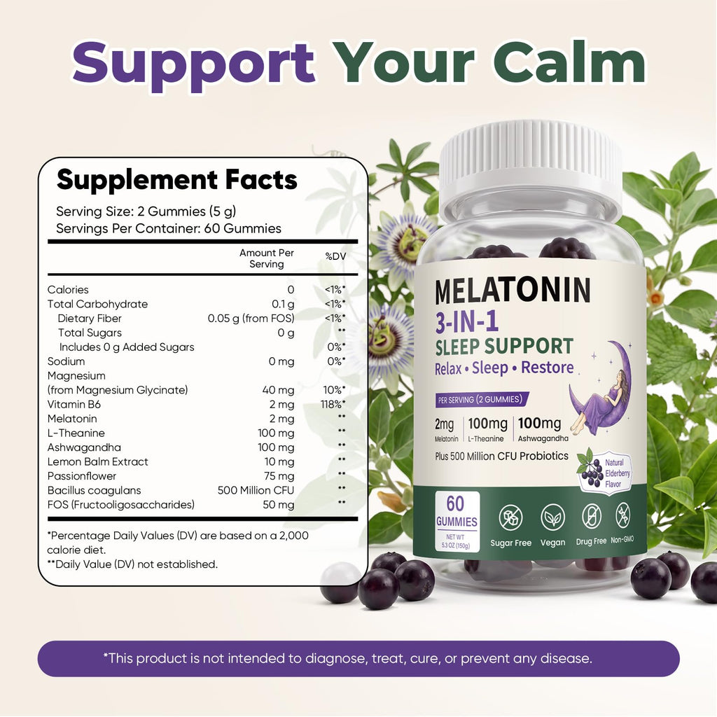 Melatonin Calm Sleep Gummies 2mg Elderberry Flavor 60*2 Bottles J873