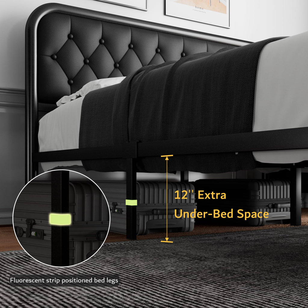 Full Size Black Metal Platform Bed Frame with Leather Headboard Q989
