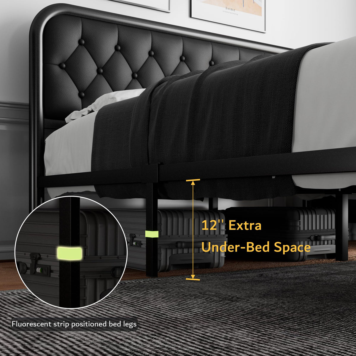 Full Size Black Metal Platform Bed Frame with Leather Headboard Q989
